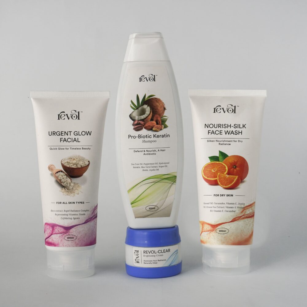 Revol Urgent Glow Kit with Nourish Silk Facewash, Urgent Glow Facial, Brightening Cream, and Pro-Biotic Keratin Shampoo