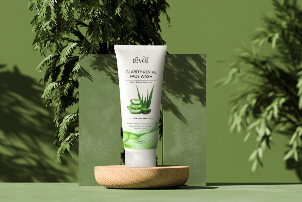 Clarity-Revive Face Wash placed against a green background, designed specifically for oily skin.