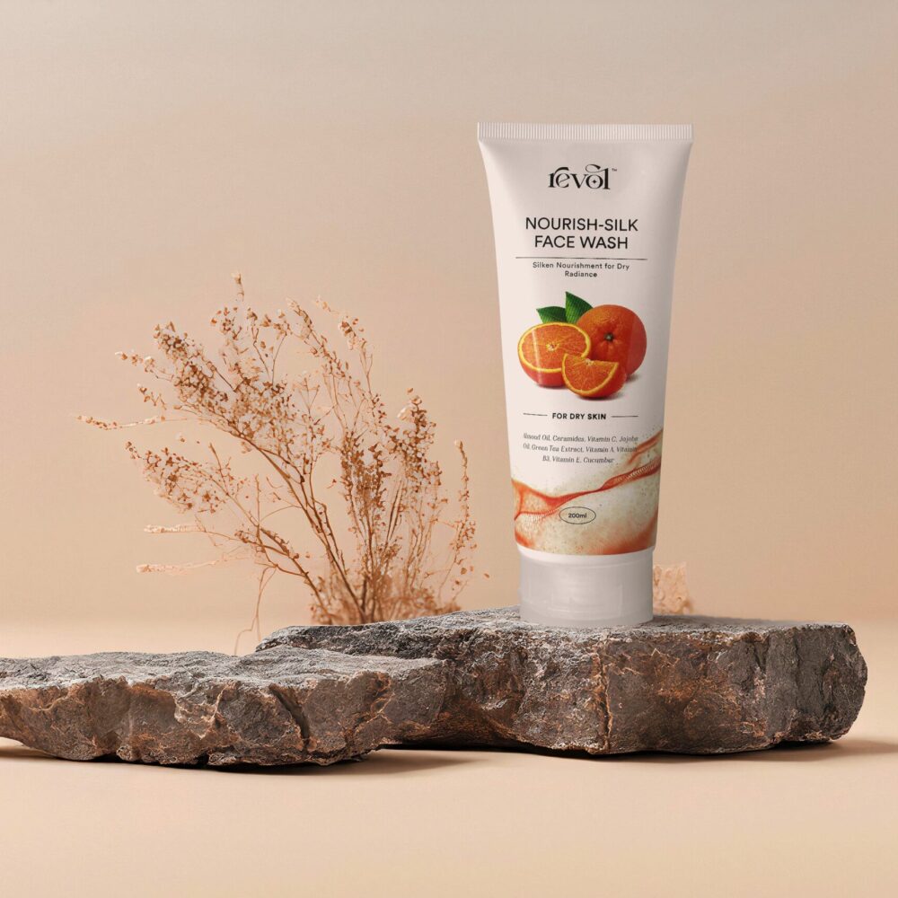 Nourish-Silk Face Wash for dry skin on a rock with a natural backdrop