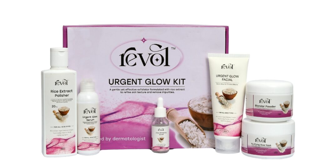 Revol Urgent Glow Kit with best quality facial kit steps for cleansing, exfoliation, and mask application.